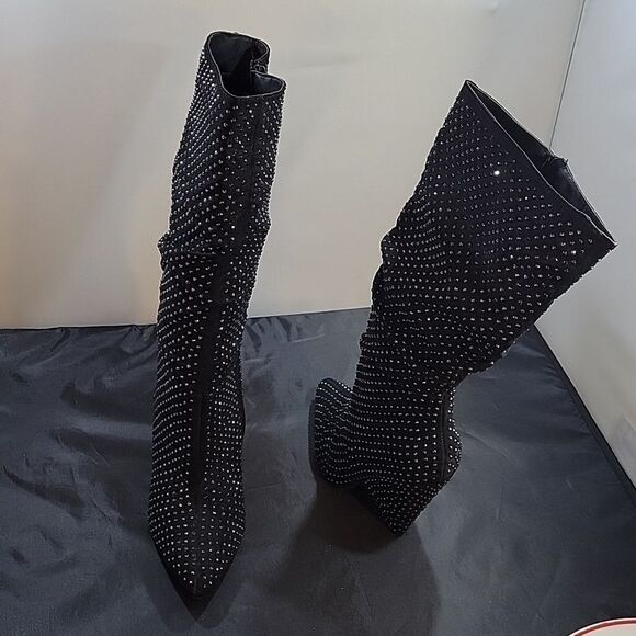 BAMBOO WOMEN'S RETRO RHINESTONE GLITTER BOOT ON CONE TAPERED HEEL G1 - Picture 5 of 16